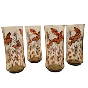 4 Vintage Retro Butterfly Wheat Design Smoked Tall Tumblers Drinking Glasses